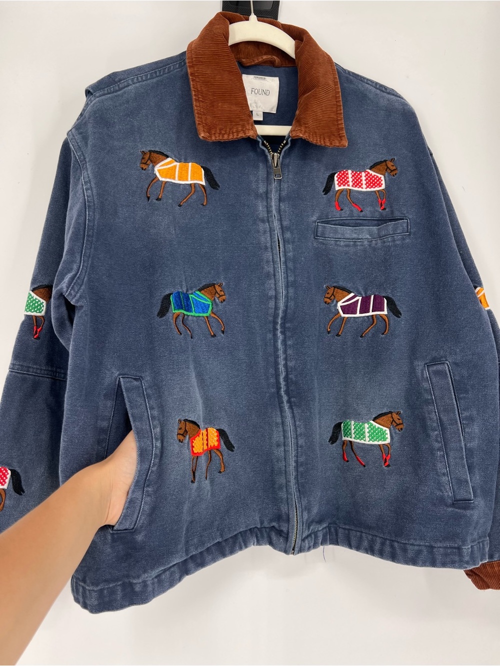 Found Lariat Blue Embroidered Horse Western Bohemian Utility Barn Jacket L - Picture 15 of 16